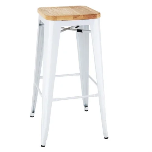 Lot De 4 Tabourets Hauts Bolero Bistro – Acier Blanc Et Assise Bois De Frêne Livraison Gratuite