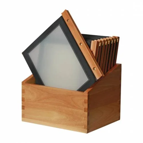 Protège-menus A4 Securit avec cadre en bois noir lot de 20 et boîte de rangement pour restaurant et brasserie Commander Vite