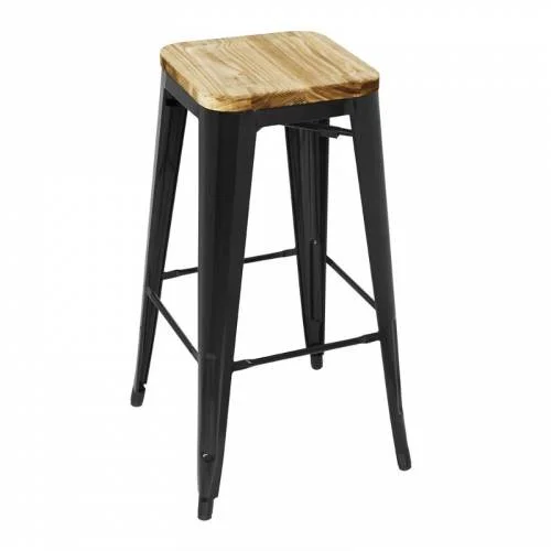 Tabouret bistro haut en acier noir avec assise en bois - lot de 4 - Bolero Meilleur Choix