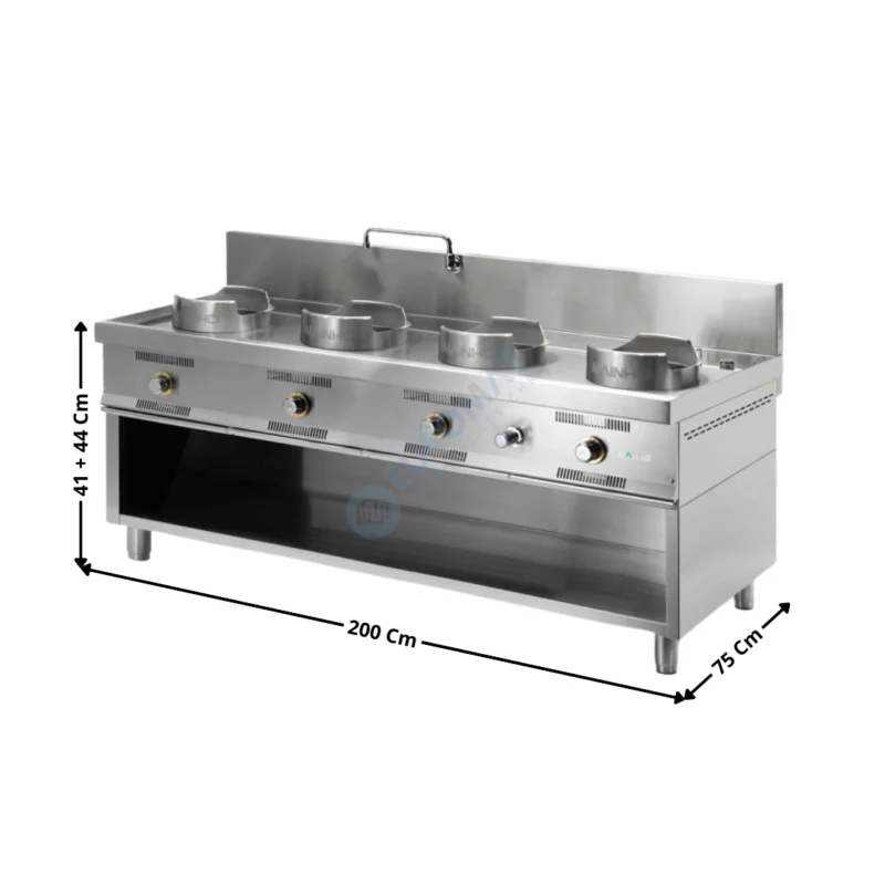 Fourneau Wok 4 Brûleurs avec Robinet + Support + Dosseret | W400 | MAINHO Haute Qualité
