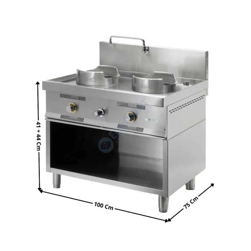 Fourneau Wok 2 Brûleurs avec Robinet + Support + Dosseret | W200 | MAINHO Offre Spéciale