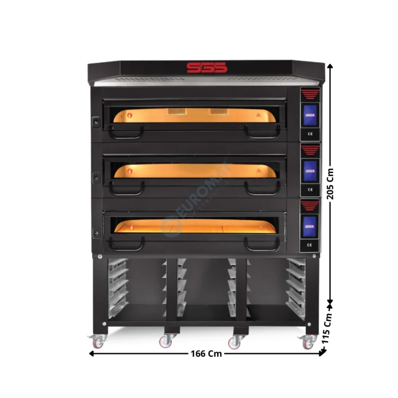 Livraison Gratuite Four de Boulangerie/Pâtisserie 3 x 1240x840 – Sol en Pierre Réfractaire / Système Vapeur / Support & Hotte | MT12001B | SGS GASTRO INTERNATIONAL