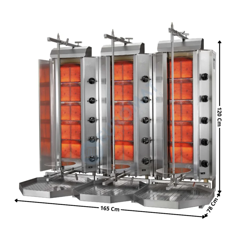 Machine à Kebab 5+5+5 zones HP Gaz avec Déflecteurs G+D – Premium Series | 3XRSMUGD5+ACPT0902 | POTIS Haute Qualité