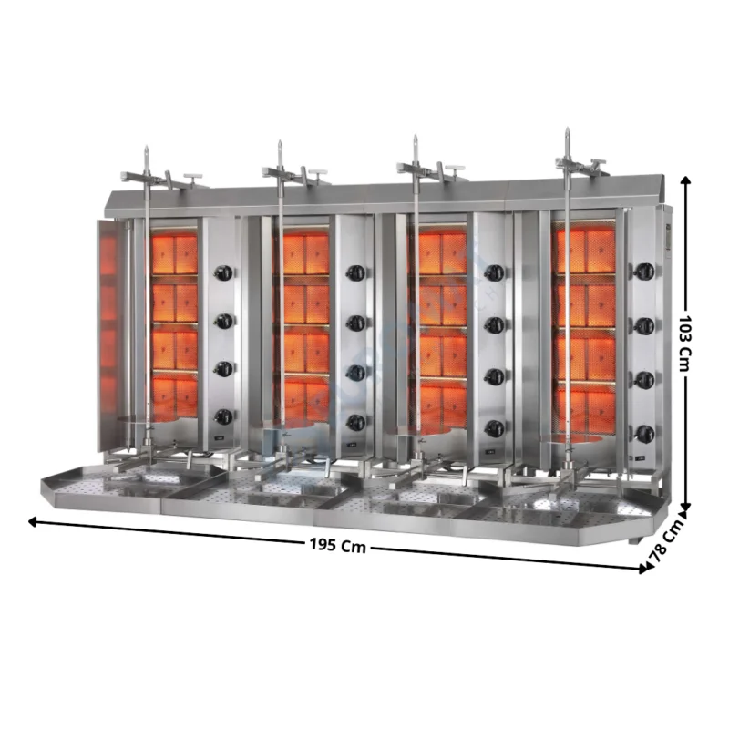 Promotion Saisonnière Machine à Kebab 4+4+4+4 zones HP Gaz avec Déflecteurs G+D – Premium Series | 4XRSMUGD4+ACPT0901 | POTIS