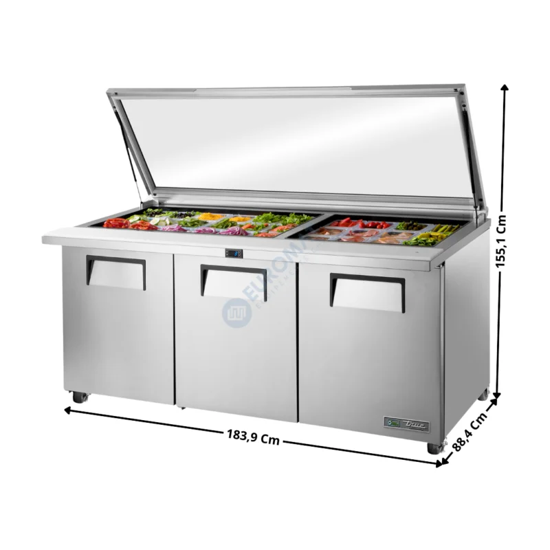 Saladette Haut Rendement – 3 portes pleine – 30 x GN1/6 / Capot en Verre – Premium Series | TSSU7230MBSTFGLIDHC | TRUE Acheter Direct