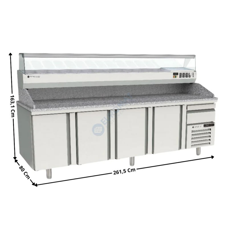 Meuble à pizza dessus granit 4 portes + Vitrinette L. 255cm – 11 x GN1/3 H. 150mm | MR80265+EI25013 | CORECO Nouveauté