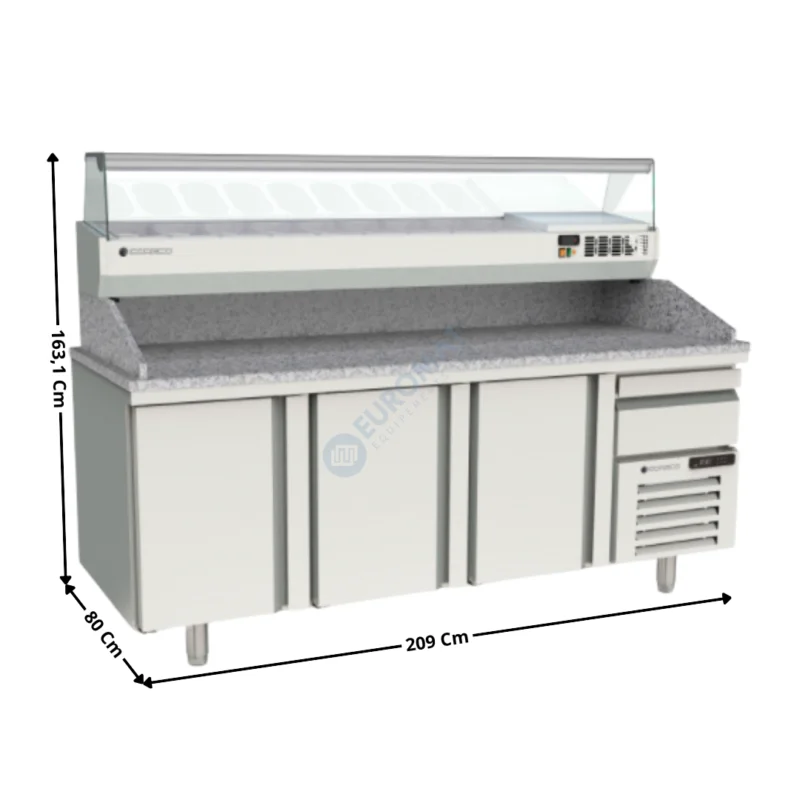 Vente Flash Meuble à pizza dessus granit 3 portes + Vitrinette L. 202cm – 8 x GN1/3 H. 150mm | MR80210+EI20013 | CORECO