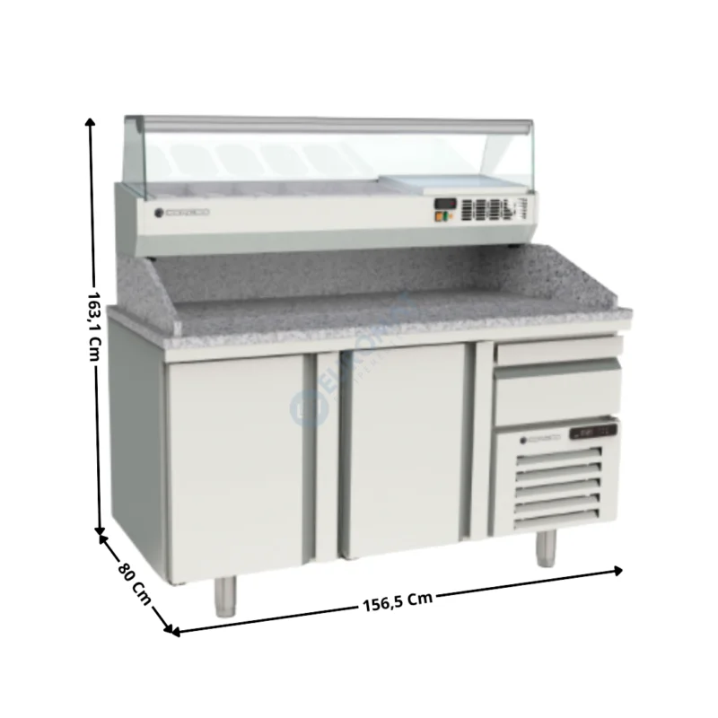 Quantité Limitée Meuble à pizza dessus granit 2 portes + Vitrinette L. 150cm – 5 x GN1/3 H. 150mm | MR80160+EI15013 | CORECO