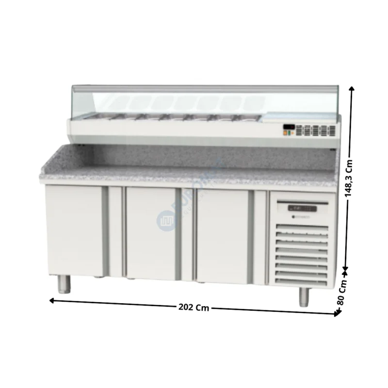 Meuble à pizza dessus granit 3 portes + Vitrinette L. 200cm – 8 x GN1/3 H. 150mm | MR80200P+EI20013 | CORECO Meilleur Prix