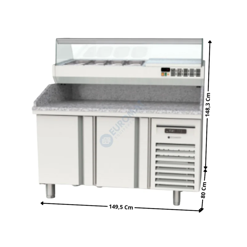 Meuble à pizza dessus granit 2 portes + Vitrinette L. 150cm – 5 x GN1/3 H. 150mm | MR80150P+EI15013 | CORECO Livraison Gratuite