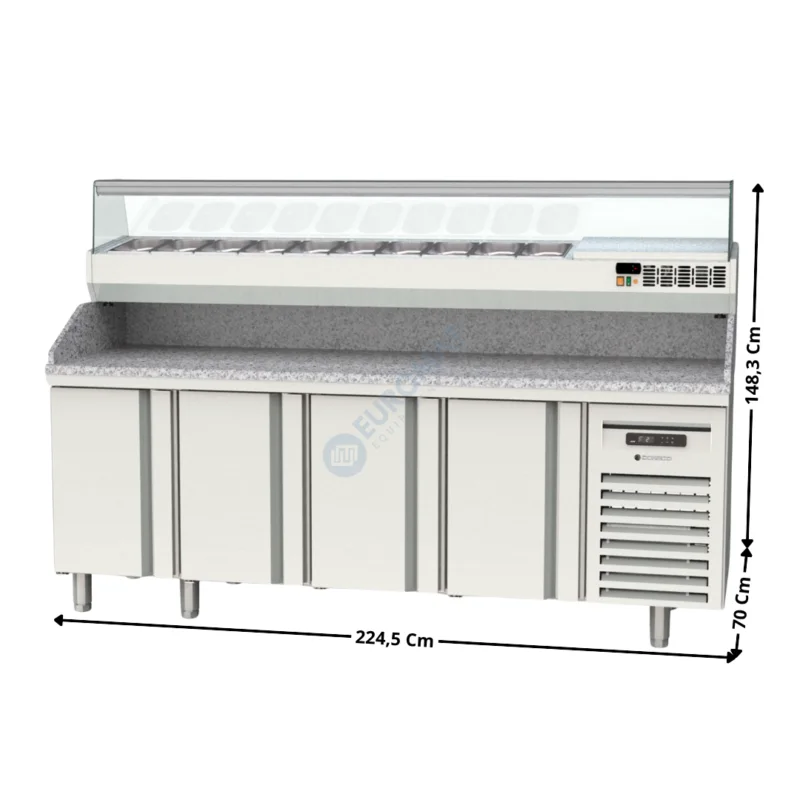 Dernier Modèle Meuble à pizza dessus granit 4 portes + Vitrinette L. 225cm – 10 x GN1/4 H. 150mm | MR70225P+EI22514 | CORECO