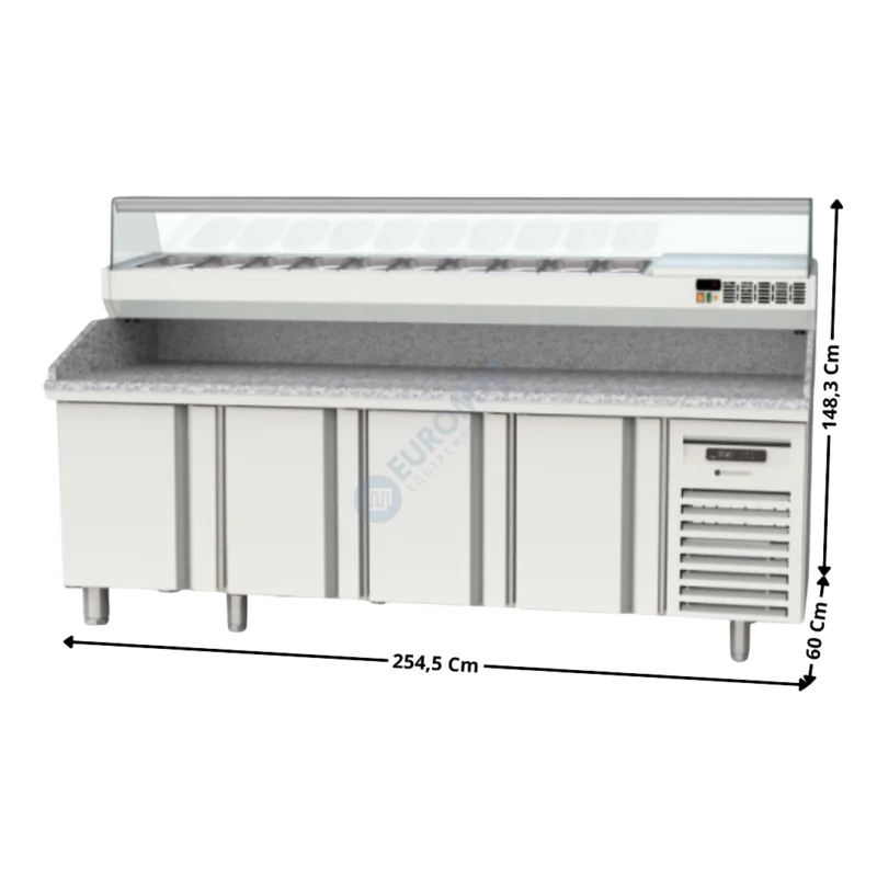 Meuble à pizza dessus granit 4 portes + Vitrinette L. 255cm – 12 x GN1/4 H. 150mm | MR60250P+EI25014 | CORECO Seulement Aujourd’hui