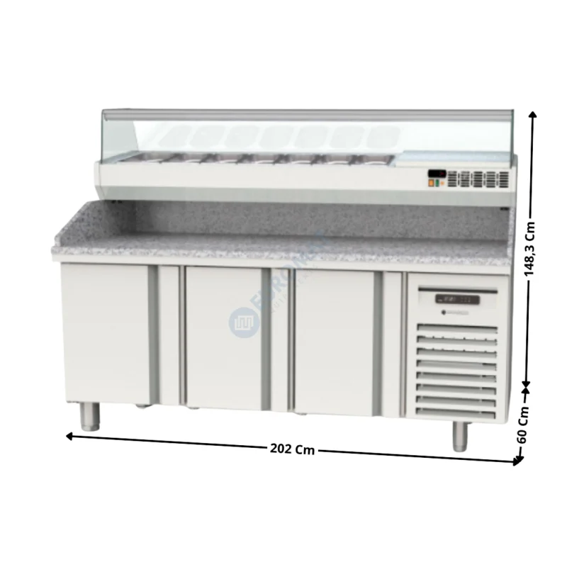 Vente Directe Meuble à pizza dessus granit 3 portes + Vitrinette L. 200cm – 9 x GN1/4 H. 150mm | MR60200P+EI20014 | CORECO