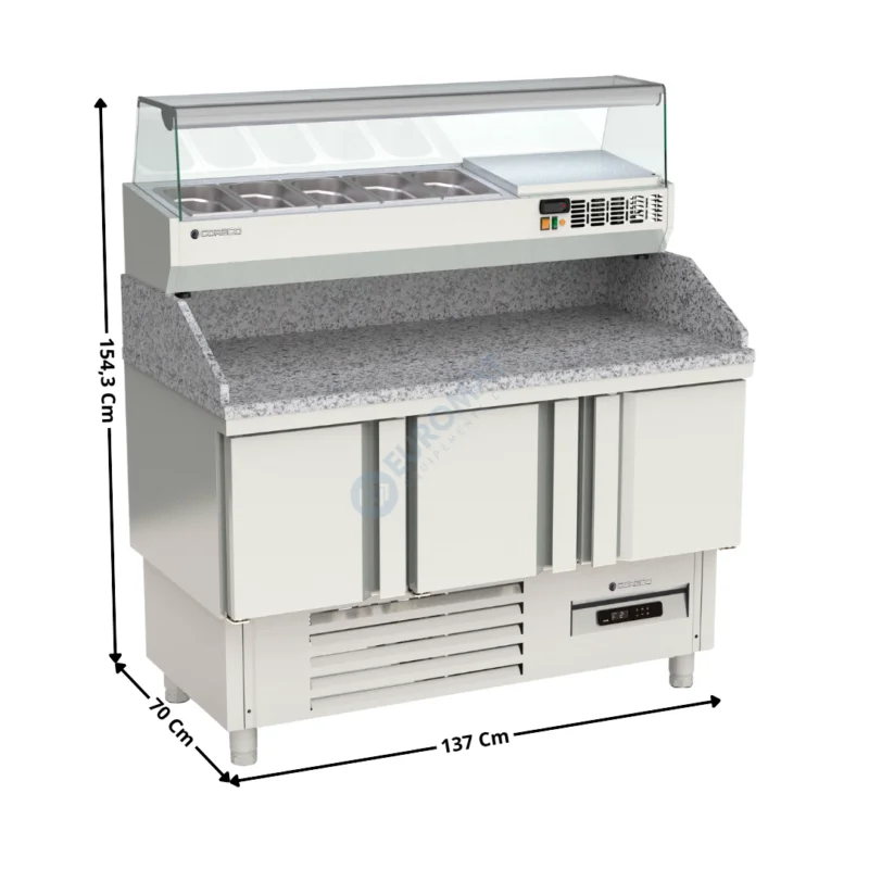 Commander Vite Meuble à pizza dessus granit 3 portes + Vitrinette L. 135cm – 5 x GN1/4 H. 150mm | MFPP140+EI13514 | CORECO