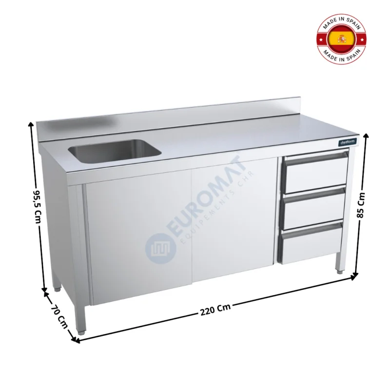 Jusqu’à Épuisement Des Stocks Table inox 2200x700 / Fermée avec bac à Gauche / Avec Tiroirs – Série Premium | FCIPB722 | DISTFORM