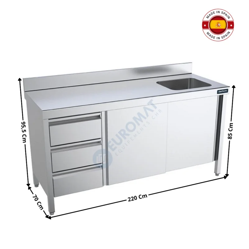 Table inox 2200x700 / Fermée avec bac à Droite / Avec Tiroirs – Série Premium | FCDPB722 | DISTFORM Nouveauté