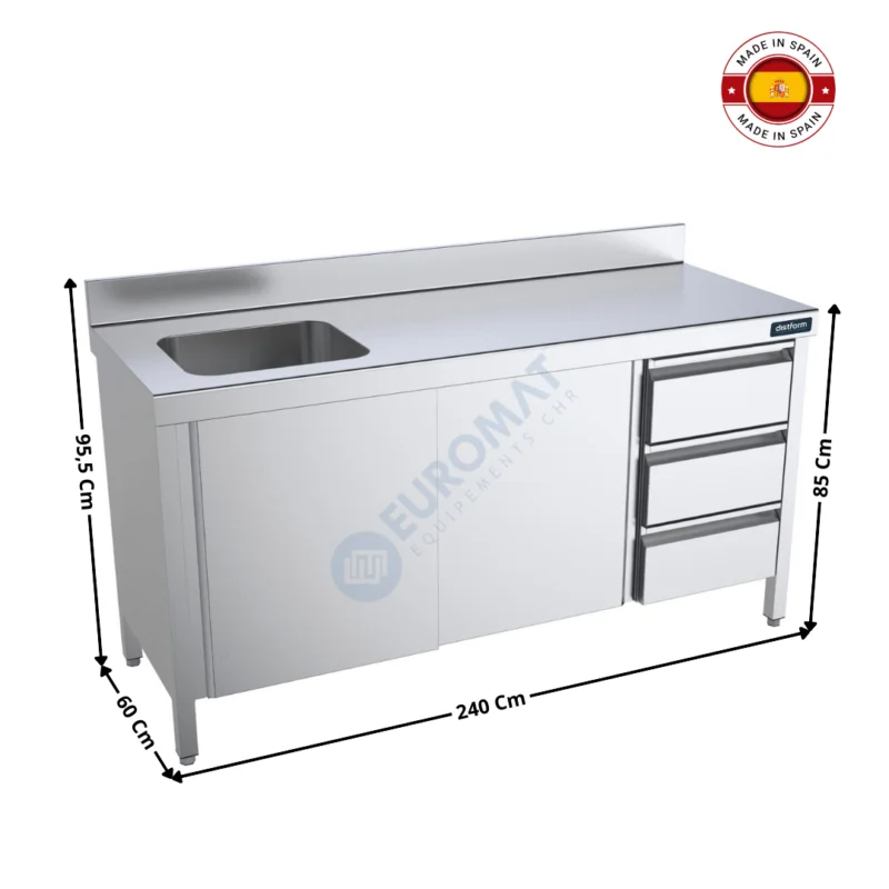 Dernière Chance Table inox 2400x600 / Fermée avec bac à Gauche / Avec Tiroirs – Série Premium | FCIPB624 | DISTFORM