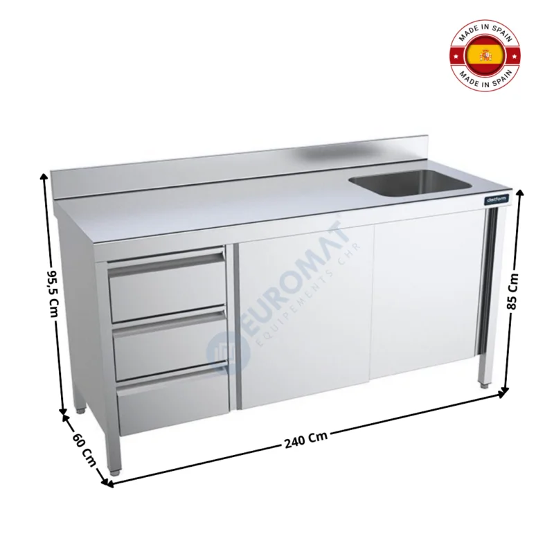 Table inox 2400x600 / Fermée avec bac à Droite / Avec Tiroirs – Série Premium | FCDPB624 | DISTFORM Jusqu’à Épuisement Des Stocks