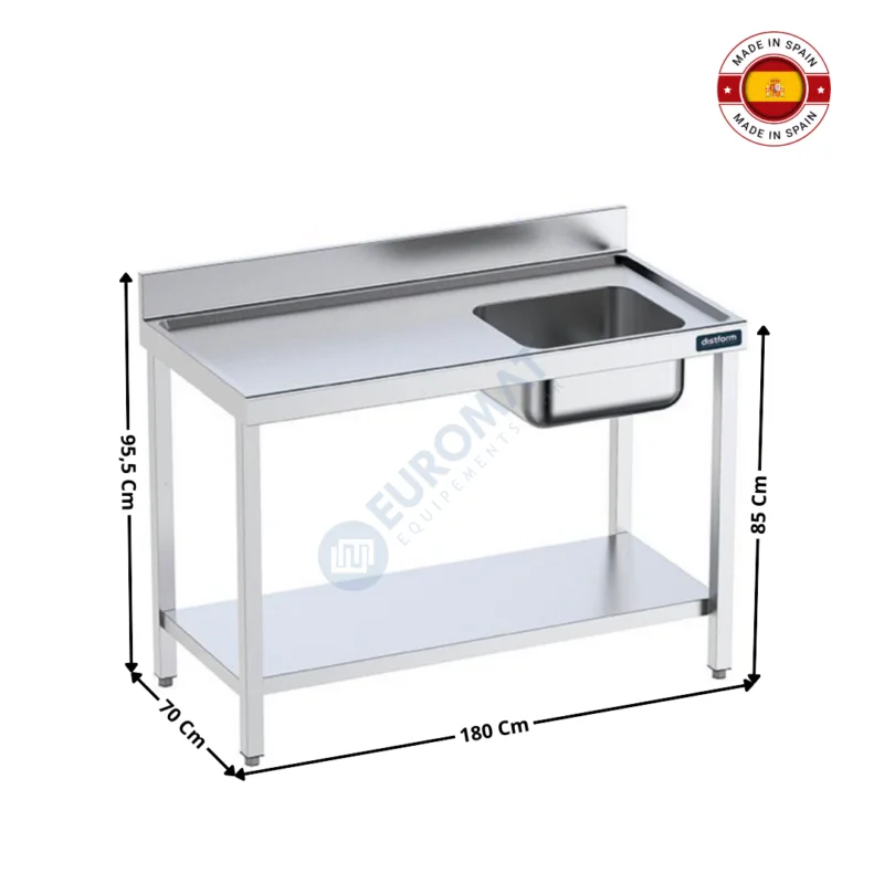 Table inox 1800x700 / Ouvert avec bac à droite – Série Premium | FCDES718 | DISTFORM Vente Flash