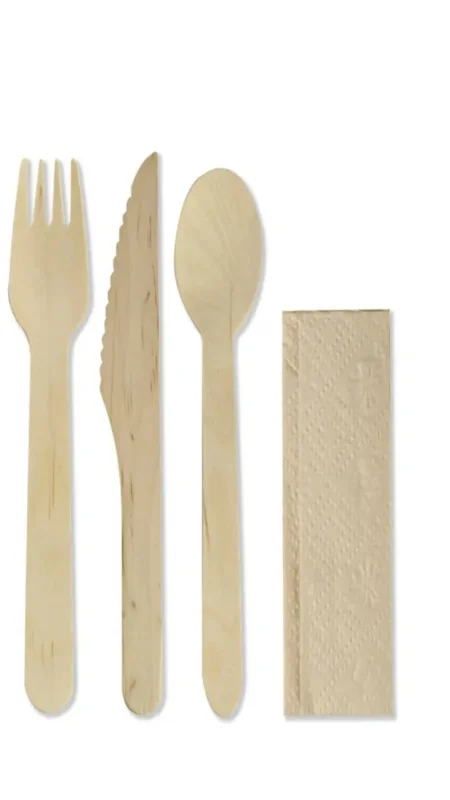 Meilleur Prix Kit cuillère, fourchette, couteau en bois et serviette kraft 23cm Earth Essentials (500 pièces)