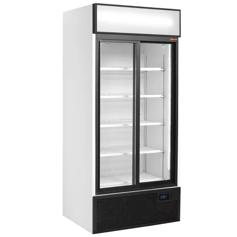 Vitrine T° positive, ventilée, 760 Lt., 2 portes coulissantes, avec caisson lumineux Produit De Marque