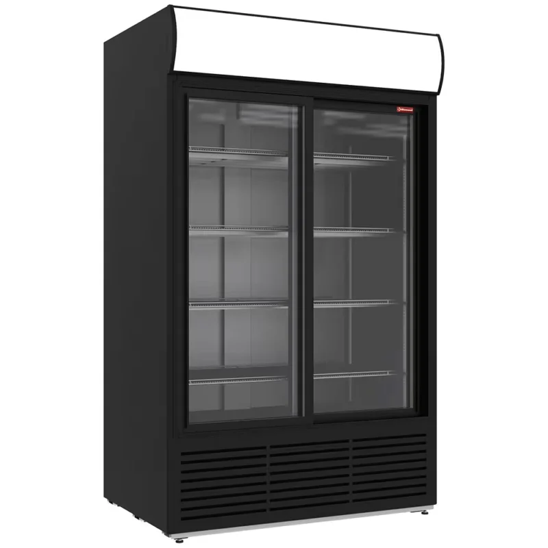 Vitrine ventilée positive 1230 litres, caisson lumineux, 2 portes coulissantes – NOIRE Achetez Aujourd’hui