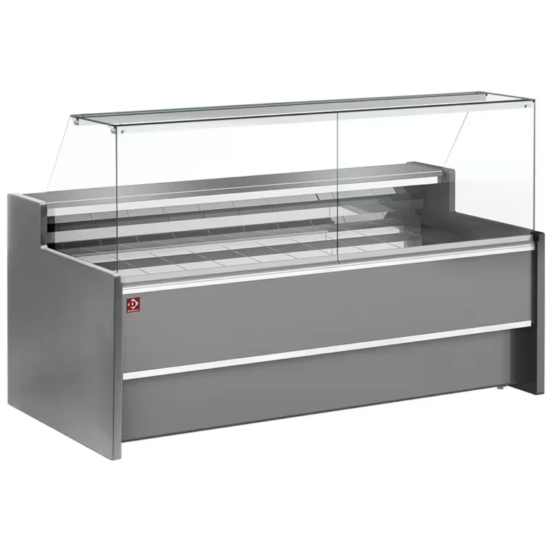 Achat Immédiat Comptoir vitrine réfrigéré à vitre droite 90°, ventilé, avec réserve – GRIS