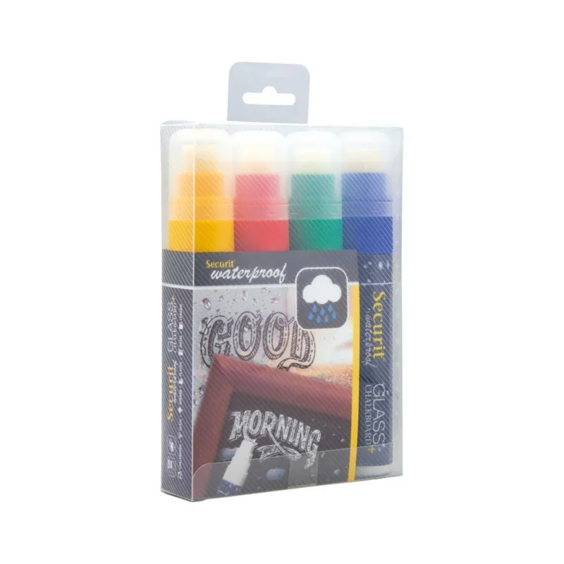 Marqueurs craie waterproof Securit (verre+ ardoise) pointe 7-15mm rouge, vert, jaune, bleu (lot de 4) Offre Limitée