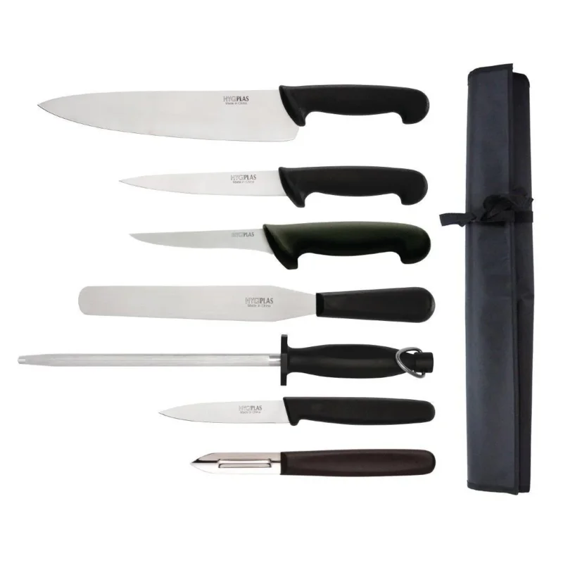 Must-Have Ensemble de 7 couteaux pour débutants avec couteau de cuisinier 265mm et étui Hygiplas