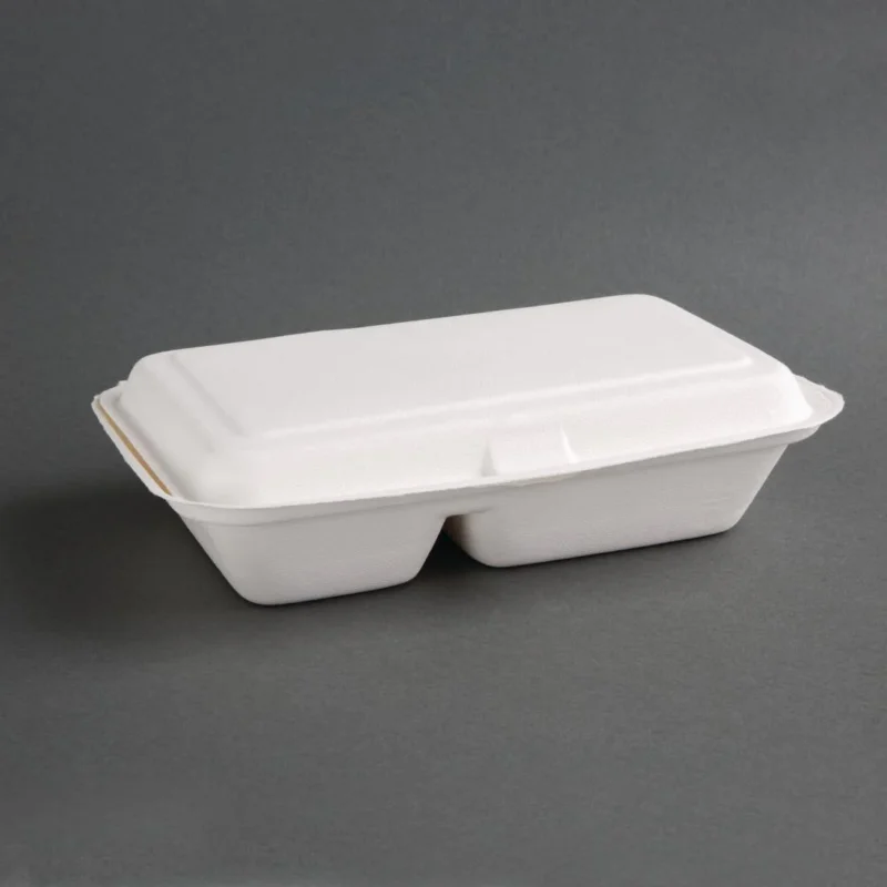 Achetez Aujourd’hui Boîtes 2 compartiments avec couvercle à charnière compostables en bagasse Fiesta Compostable 253mm (lot de 200)
