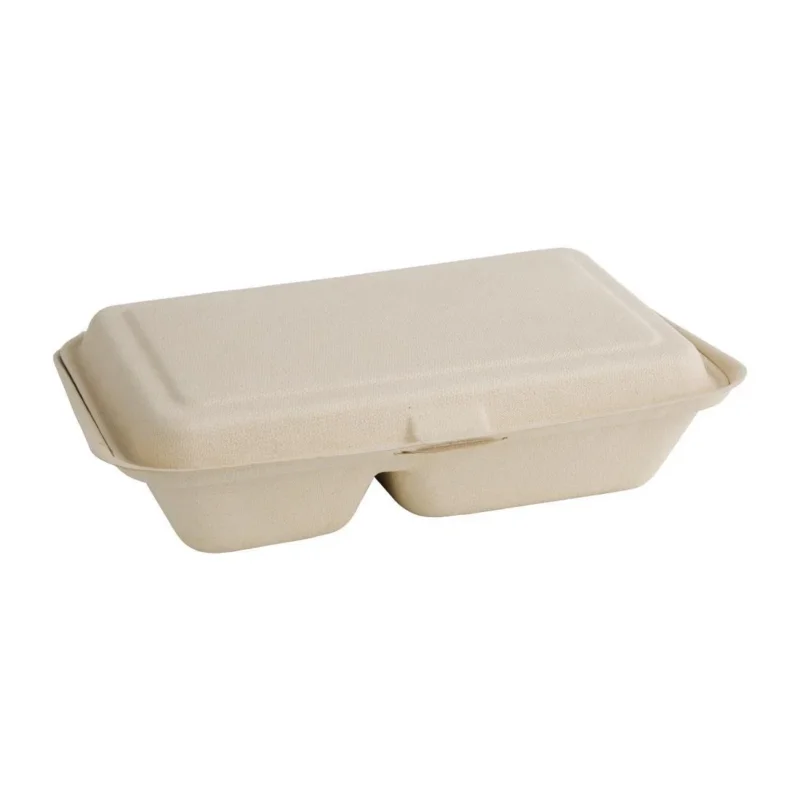 Promotion Saisonnière Boîtes 2 compartiments avec couvercle à charnière compostables en bagasse coloris naturel Fiesta Compostable 253mm (lot de 200)