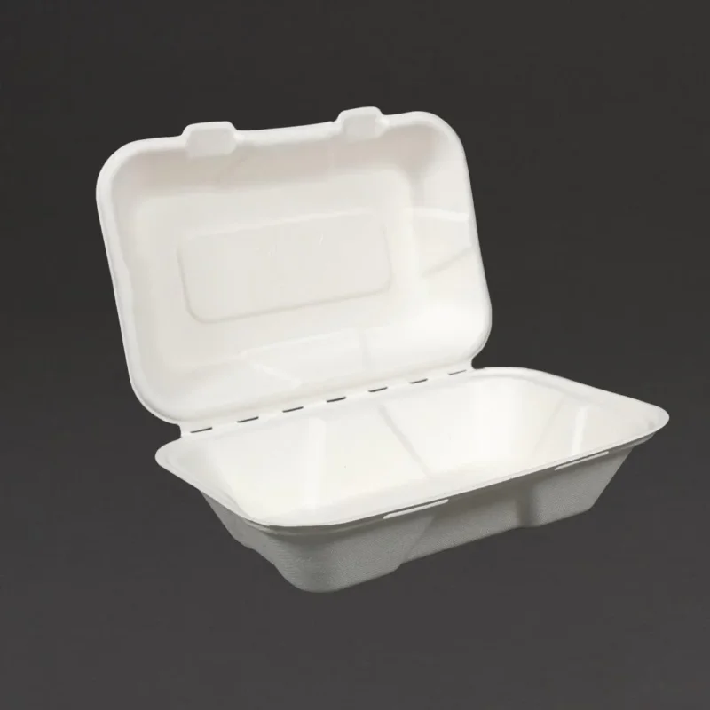 Petit Prix Boîtes repas en bagasse compostables avec couvercle à charnière Vegware 228mm (Lot de 200)