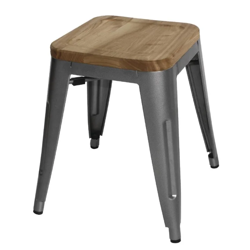 Authentique Tabourets bistro bas en acier gris métal avec assise en bois Bolero (lot de 4)