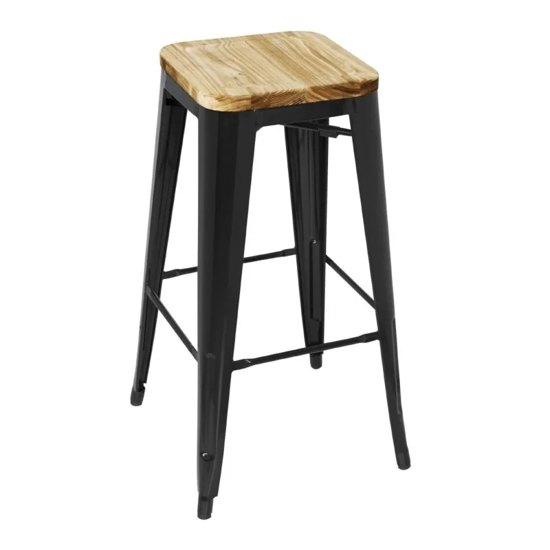 Tabouret bistro haut en acier noir avec assise en bois Bolero lot de 4 Dernière Chance