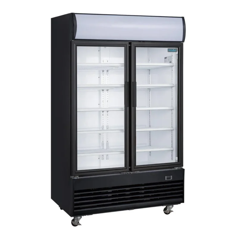 Vitrine réfrigérée positive 2 portes battantes avec caisson lumineux Polar Série G 950L noire Populaire