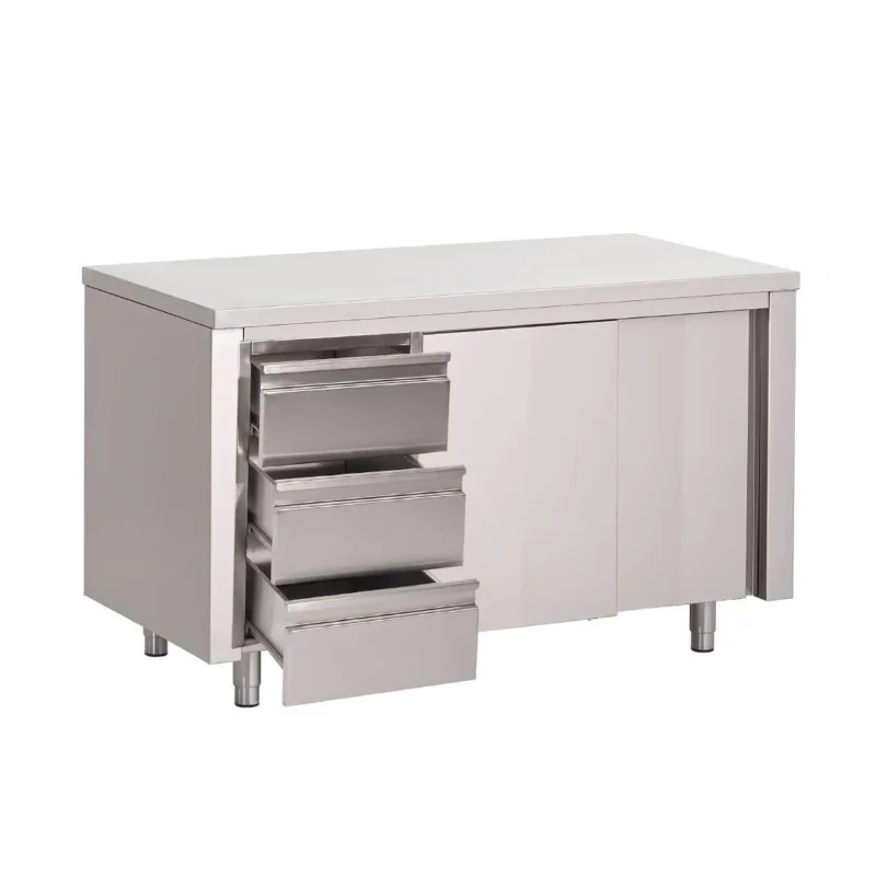 Marque Table armoire inox avec portes coulissantes et 3 tiroirs à droite Gastro M 1500 x 700 x 850/900mm