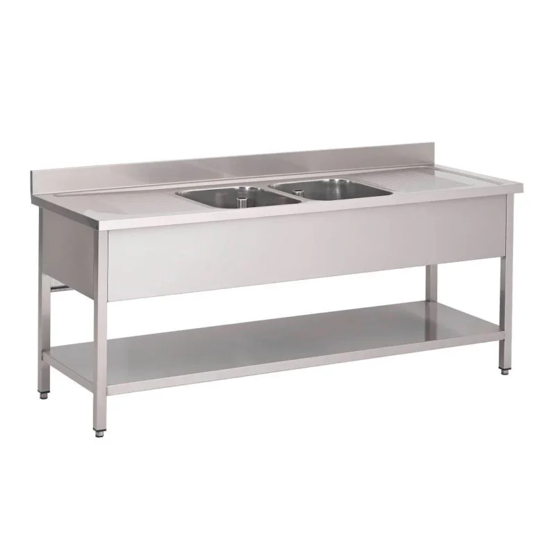 Plonge inox avec étagère basse Gastro M 2 bacs au centre 200 x 70 x 85 cm Solde