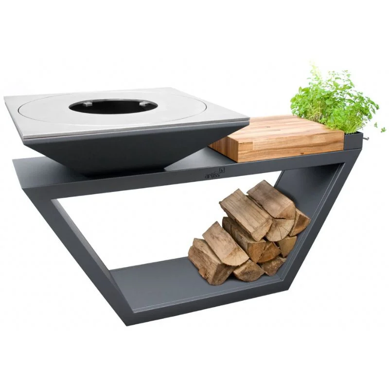Remise Brasero G4 Graphite 90 cm avec Tablette en Bois - Acier Carbone
