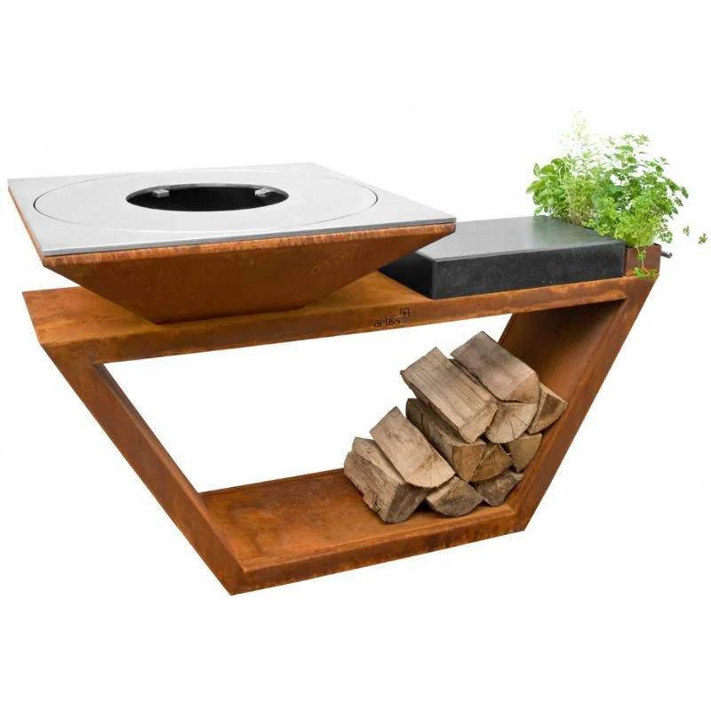 Brasero G4 Corten 90 cm avec Tablette en Granite - Acier Carbone Nouvelle Collection