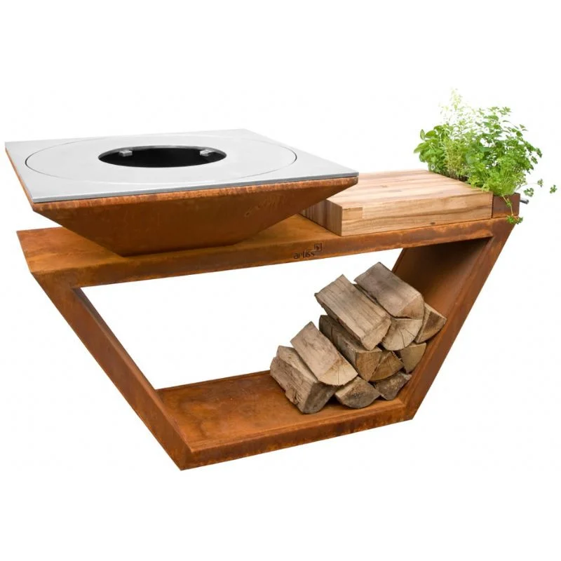 Retour Gratuit Brasero G4 Corten 90 cm avec Tablette en Bois - Acier Inoxydable