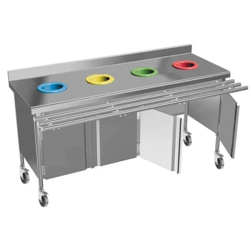 Table de Tri Sélectif 4 Portes - Roulettes Inox Commande En Gros