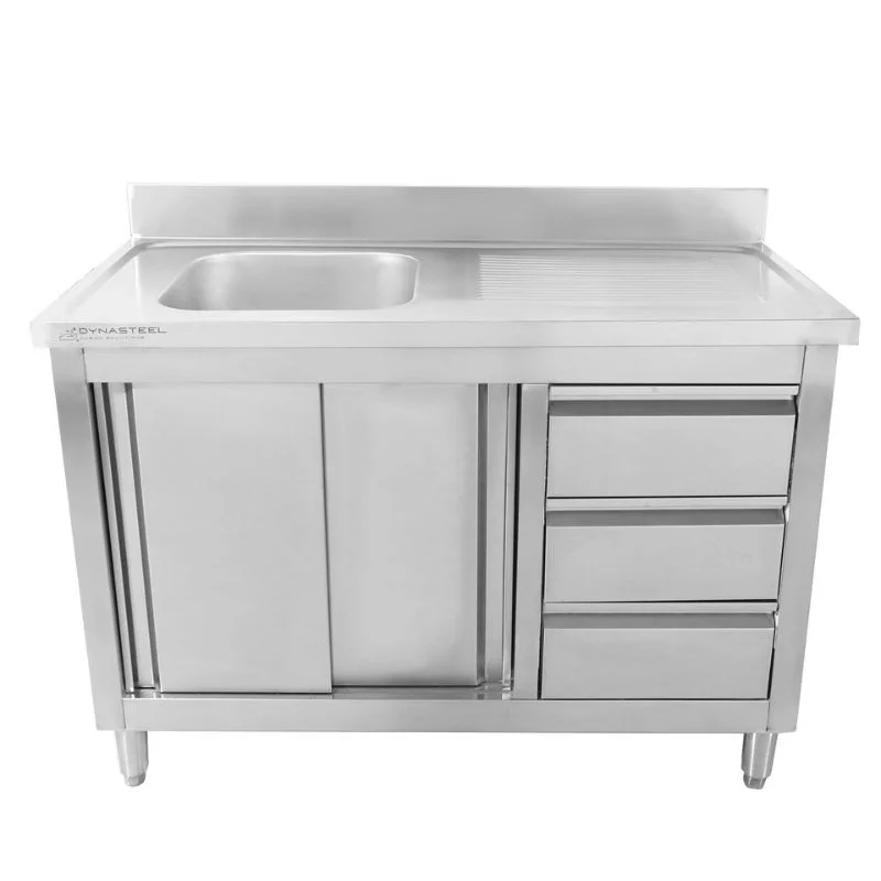 Meuble Plonge 1 Bac avec Dosseret et 3 Tiroirs - 1200 x 600 mm - Bac à Gauche Jusqu’à Épuisement Des Stocks