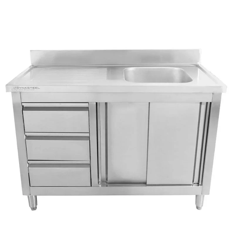 Meuble Plonge 1 Bac avec Dosseret et 3 Tiroirs - 1200 x 600 mm - Bac à Droite Nouvelle Collection