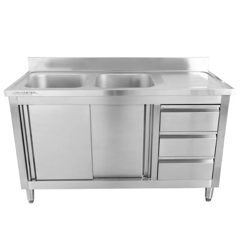 Paiement Sécurisé Meuble Plonge 2 Bacs avec Dosseret et 3 Tiroirs - 1400 x 600 mm - Bac à Gauche