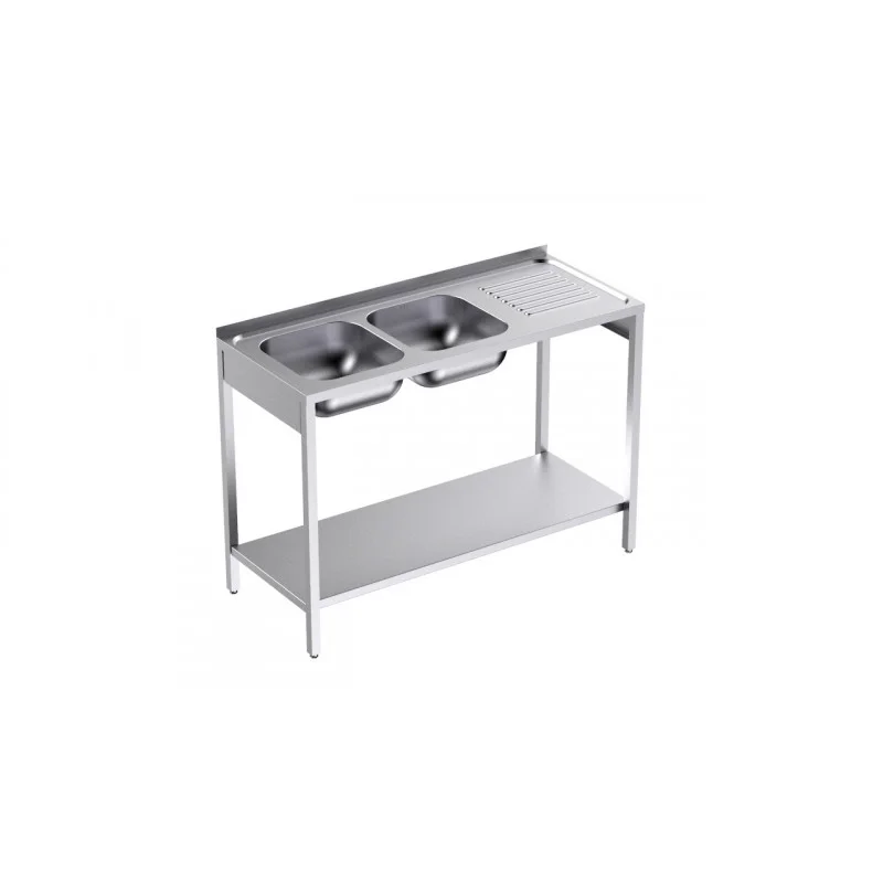 Plonge 2 Bacs avec Etagère et Egouttoir à Droite - L 1200 x P 500 mm Top Vente