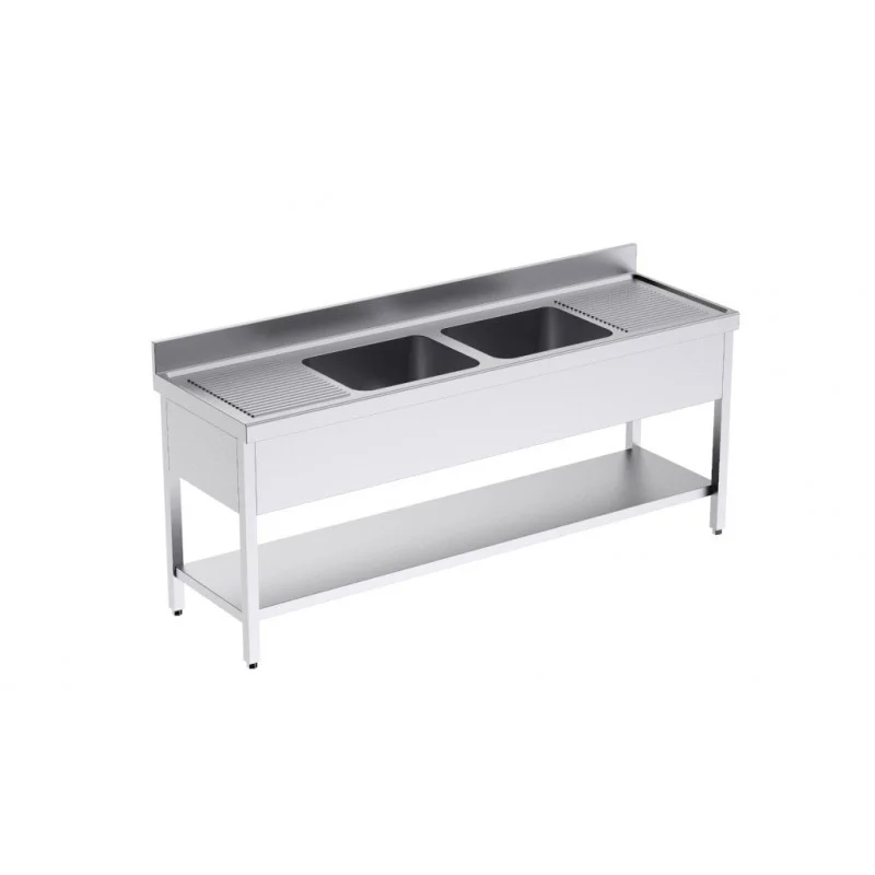 Offre Du Jour Plonge 2 Bacs avec Etagère et Egouttoirs à Droite et à Gauche - L 2000 x P 600 mm