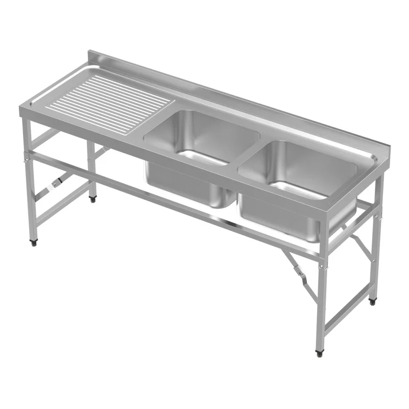 Remise Plonge Pliante 2 Bacs et Egouttoir à Gauche avec Dosseret - L 1800 x P 600 mm