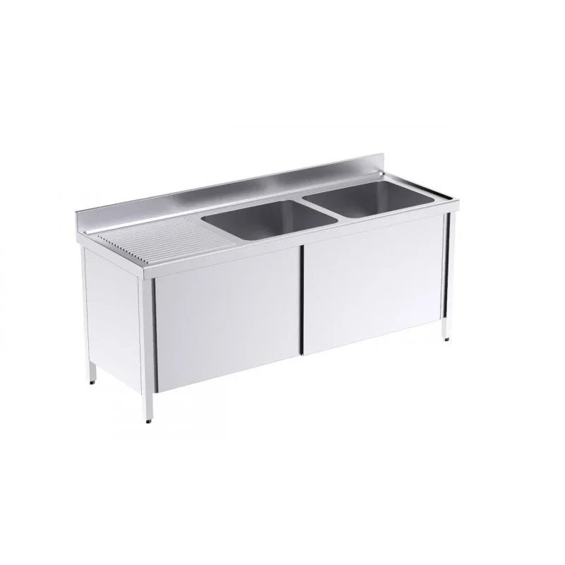 Vente Directe Plonge 2 Bacs avec Portes Coulissantes et Egouttoir à Gauche - L 1400 x 600 mm