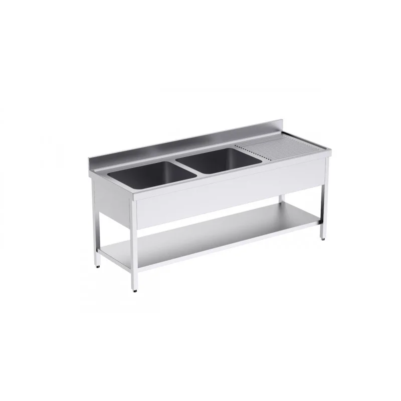 Plonge 2 Bacs avec Etagère et Egouttoir à Droite - L 2000 x P 700 mm Prix Promo