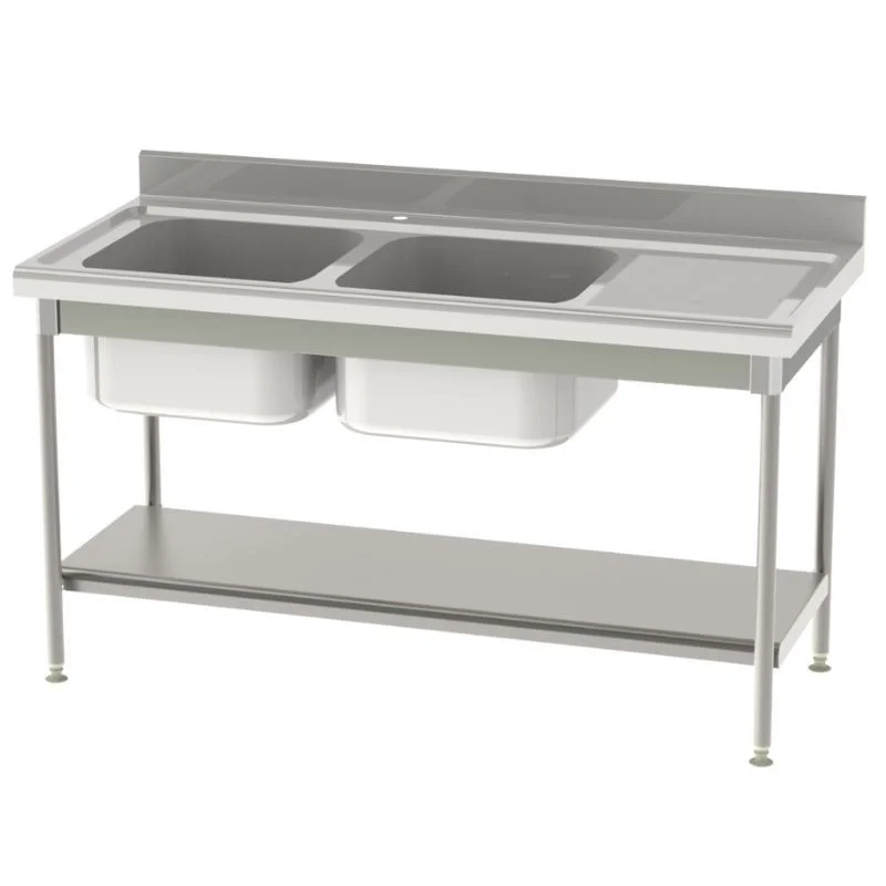 Dernière Chance Plonge Standard 2 Bacs et Egouttoir à Droite avec Etagère Pleine - P 700 - L 1600 mm